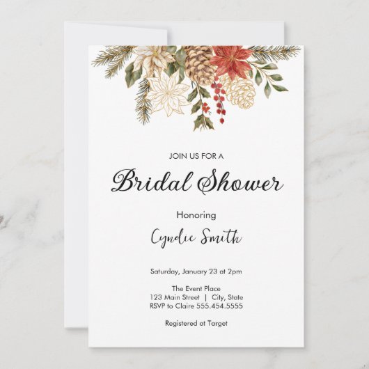 シックな冬の常緑クリスマスブライダルシャワー 招待状 (正面)