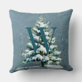 シックな冬の水の色の雪のスプルースの木モノグラム クッション (裏面)