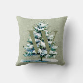 シックな冬の水の色の雪のスプルースの木モノグラム クッション (裏面)