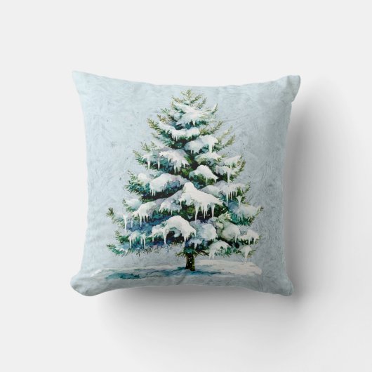 シックな冬の水の色の雪のスプルースの木モノグラム クッション (正面)