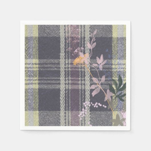 シックな冬チェックフローラプレイドファームハウス スタンダードカクテルナプキン (正面)