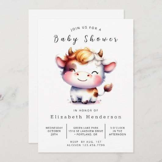 シックな動物シンプルの牛の赤ちゃんシャワー 招待状 (正面/裏面)