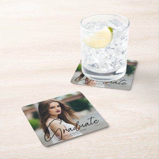 シックな卒業フォトブラックスクリプトオーバーレイパーティー スクエアペーパーコースター (インサイチュ)