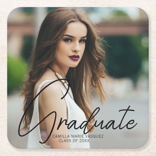 シックな卒業フォトブラックスクリプトオーバーレイパーティー スクエアペーパーコースター (正面)