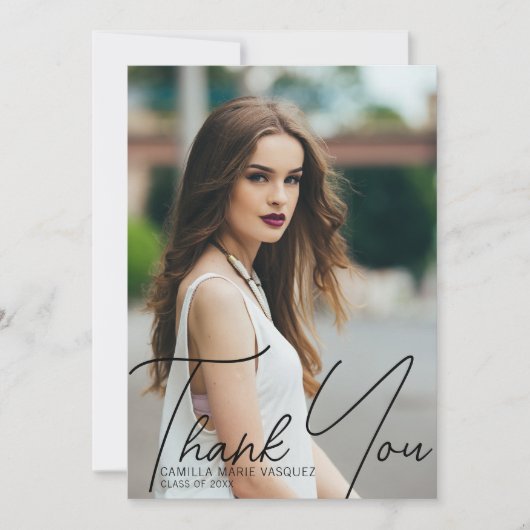 シックな卒業写真手書きスクリプトオーバーレイ サンキューカード (正面)