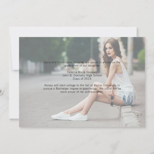 シックな卒業写真手書きスクリプトオーバーレイ 案内状 (裏面)