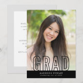 シックな卒業写真 モダンな写真の輪郭に重ねる ブラック 招待状 (正面/裏面)