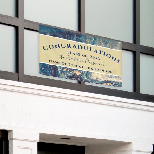 シックな卒業式ブルーマーブルスワール金ゴールドグリッターバン 横断幕 (ビルの外側)