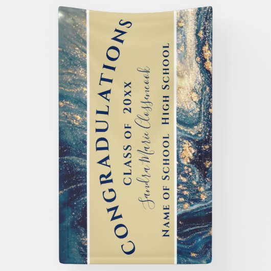 シックな卒業式ブルーマーブルスワール金ゴールドグリッターバン 横断幕 (縦)