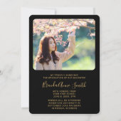 シックな卒業式2フォト金ゴールドキャップスクリプトをブラック 案内状 (裏面)