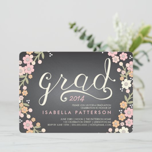 シックな卒業生の黒板の花の写真の卒業 招待状 (スタンド正面)