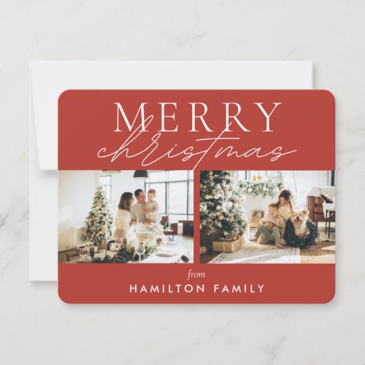 シックな台本の書道楽しいクリスマスツーフォト ノートカード (正面)