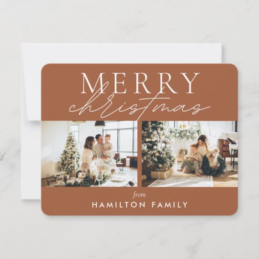 シックな台本の書道楽しいクリスマスツーフォト ノートカード (正面)