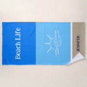 シックな名前タンホワイトとブルーのストライプ ビーチタオル (正面)