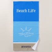 シックな名前タンホワイトとブルーのストライプ ビーチタオル (正面)