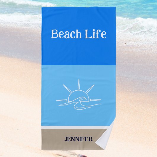 シックな名前タンホワイトとブルーのストライプ ビーチタオル