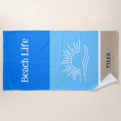 シックな名前タン&ライトブルーストライプシーズ ビーチタオル (正面)