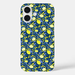 シックな地中海風のレモンとブルーリーフ iPhone 16ケース