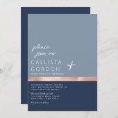 シックな埃っぽいネイビーブルーバラ金ゴールドカラーブロック結婚ズ 招待状 (正面/裏面)