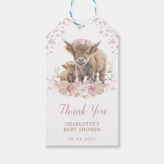 シックな埃っぽいピンクボホハイランドカウガールベビーシャワー ギフトタグ (正面)