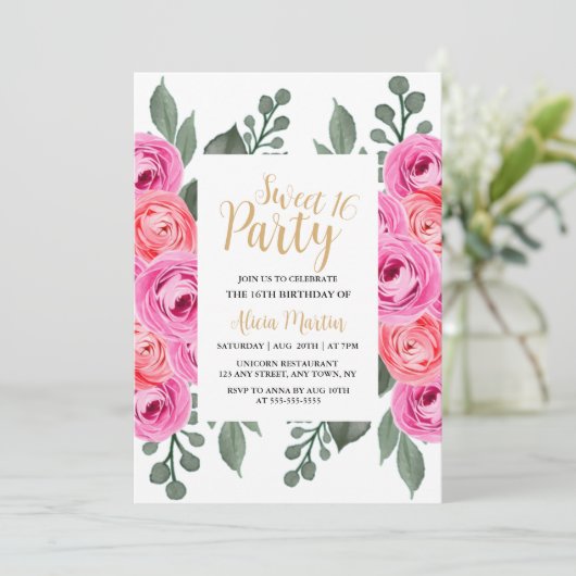シックな埃っぽいピンクローズグリーナリー金ゴールドスウィート16パーティー 招待状 (スタンド正面)