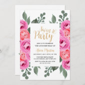 シックな埃っぽいピンクローズグリーナリー金ゴールドスウィート16パーティー 招待状 (正面/裏面)