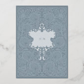シックな埃っぽいブルーとシルバー結婚フォイル 箔招待状 (裏面)