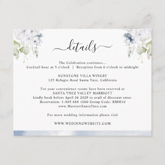 シックな埃っぽいブルーウォーター色、フローラ結婚の詳細 エンクロージャーカード (正面)