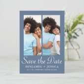 シックな埃っぽいブルースクリプトフォトウェディング日付を保存 (スタンド正面)