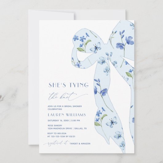 シックな埃っぽいブルータイイングザノットフォトブライダルシャワー 招待状 (正面)