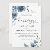 シックな埃っぽいブルーフローラモダン結婚結婚ズ 招待状 (正面/裏面)