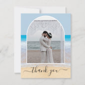 シックな埃っぽいブルー熱帯ビーチフォトアーチ サンキューカード (正面)