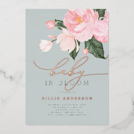 シックな埃っぽいブルー赤面フローラベビーイン開花シャワー 箔招待状