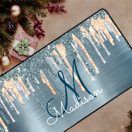 シックな埃っぽいブルー金ゴールド滴下モノグラム デスクマット