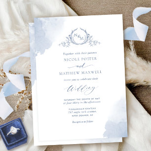 シックな埃っぽい青い水色の汚れモノグラム結婚ズ 招待状