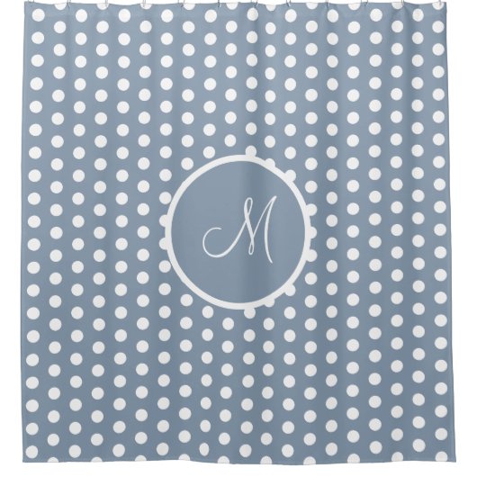 シックな埃っぽい青と白の水玉模様 モノグラムの シャワーカーテン (正面)