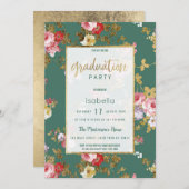 シックな夏の緑のピンク金ゴールドフローラ卒業 招待状 (正面/裏面)