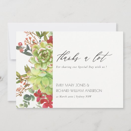 シックな多肉性デザートカボスレッドフローラ結婚ズ サンキューカード (正面)