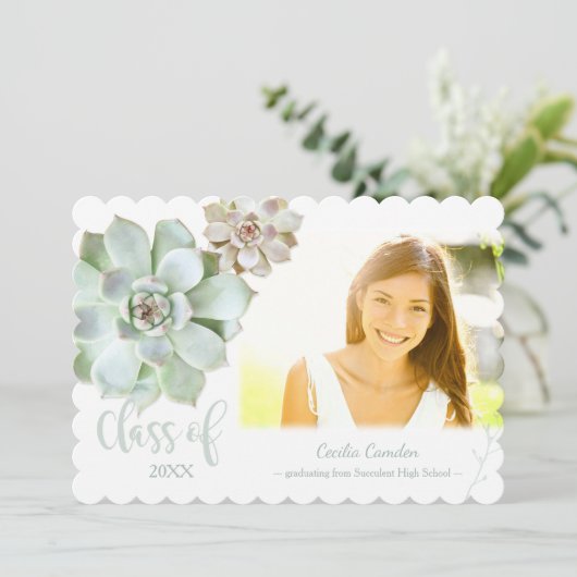 シックな多肉質の卒業写真の発表 案内状 (スタンド正面)