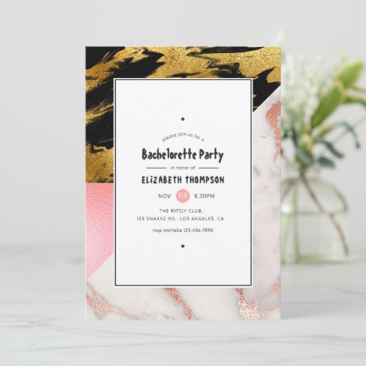 シックな大理石とホイルの幾何学的バチェロレッテ 招待状 (スタンド正面)