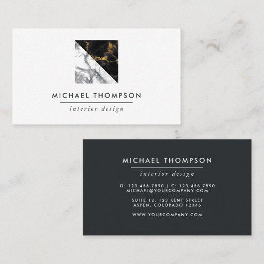 シックな大理石とホイルの幾何学的 名刺 (正面/裏面)