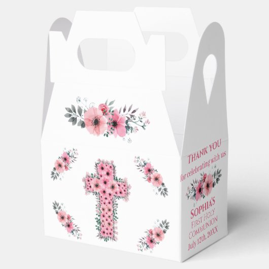 シックな女の子の最初の神聖な聖餐式ピンクフラワークロス フェイバーボックス (オープン)