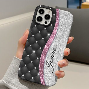 シックな女性らしい偽シルバー+ラメ 黒+ピンク モノグラム iPhone 13ケース