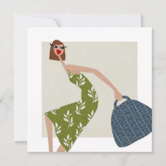 シックな女性サマーグリーンドレスファッションイラストレーション 招待状 (正面)