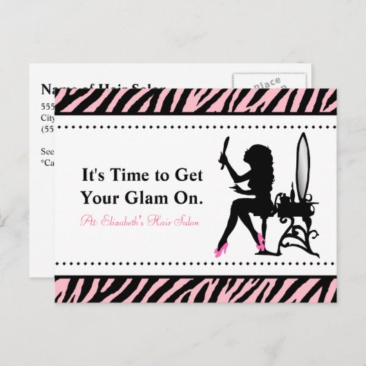 シックな女性ピンクと黒ゼブラヘアアポイントメント ポストカード (正面/裏面)