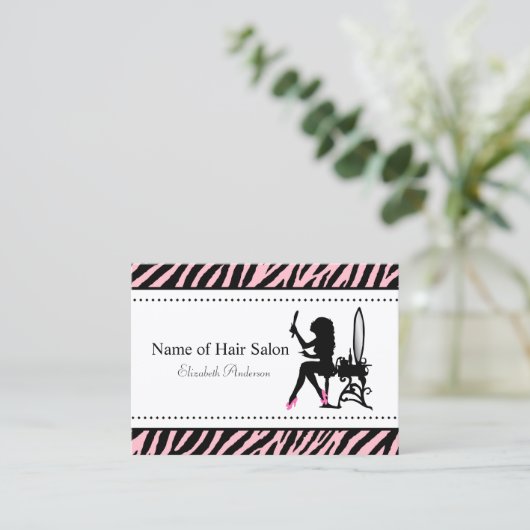 シックな女性ピンクと黒ゼブラヘアサロン 名刺 (スタンド正面)