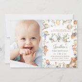 シックな子供部屋ライムグリーナリー1stバースデーフォト 招待状 (正面)