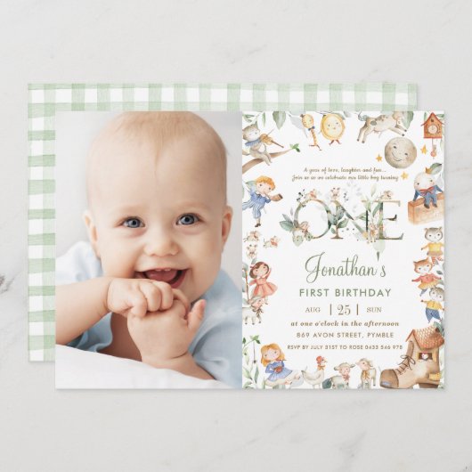 シックな子供部屋ライムグリーナリー1stバースデーフォト 招待状 (正面/裏面)