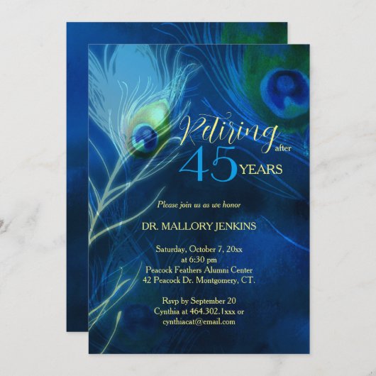 シックな孔雀の羽のリタイアパーティー 招待状 (正面/裏面)