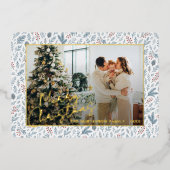 シックな季節のグリーティングオンホリーベリー金ゴールド 箔シーズンカード (正面)